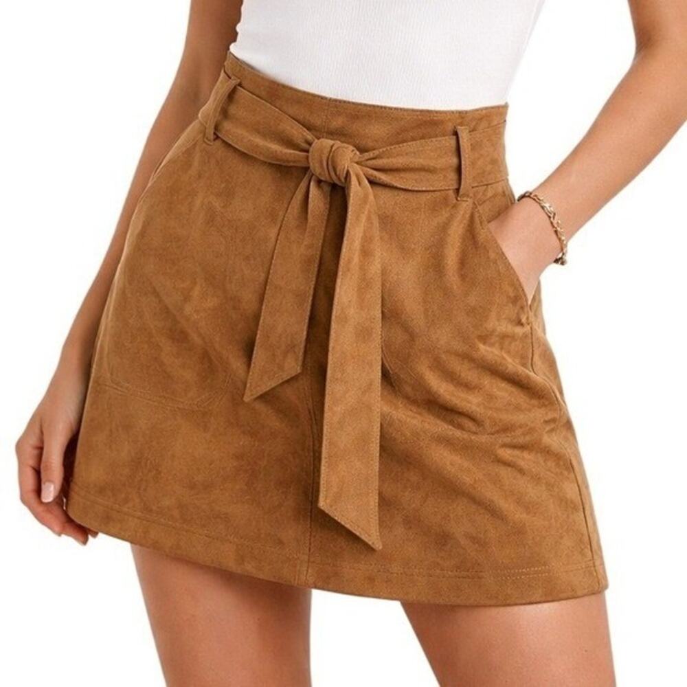 Abercrombie Faux Suede Belted Mini Skirt Brown Large Boho Western Indie Preppy
